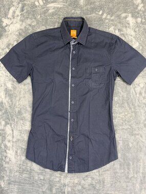 Hugo Boss Mens Slim Fit Navy Short Sleeve Button-Up Shirt Size S
